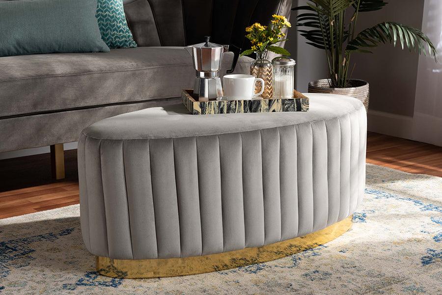 Wholesale Interiors Ottomans & Stools - Kirana Glam and Luxe Grey Velvet Fabric Upholstered and Gold PU Leather Ottoman