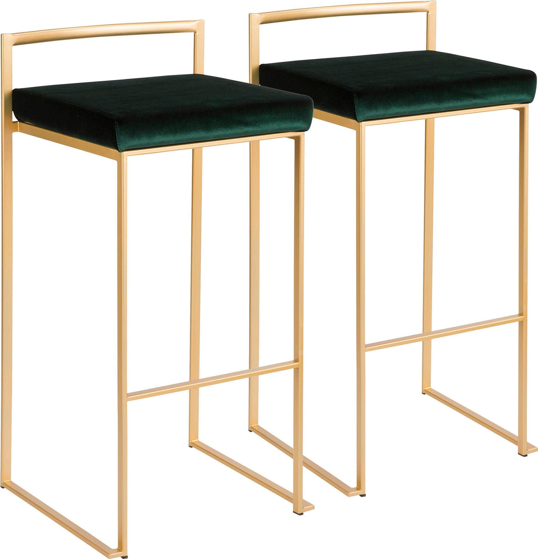 Lumisource Barstools - Fuji Contemporary-Glam Stackable Barstool in Gold with Green Velvet Cushion (Set of 2)