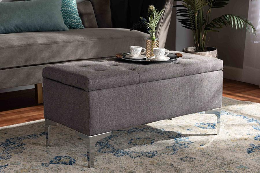 Wholesale Interiors Ottomans & Stools - Mabel Grey Fabric Upholstered and Silver Finished Metal Storage Ottoman