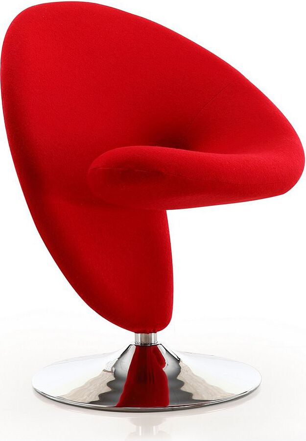 Manhattan Comfort Accent Chairs - Curl Red and Polished Chrome Wool Blend Swivel Accent Chair