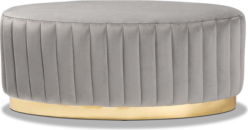 Wholesale Interiors Ottomans & Stools - Kirana Glam and Luxe Grey Velvet Fabric Upholstered and Gold PU Leather Ottoman