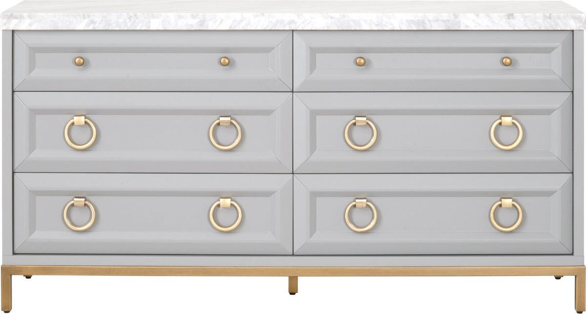 Essentials For Living Dressers - Azure Carrera 6-Drawer Double Dresser Dove Gray, White Carrera Marble, Brushed Gold