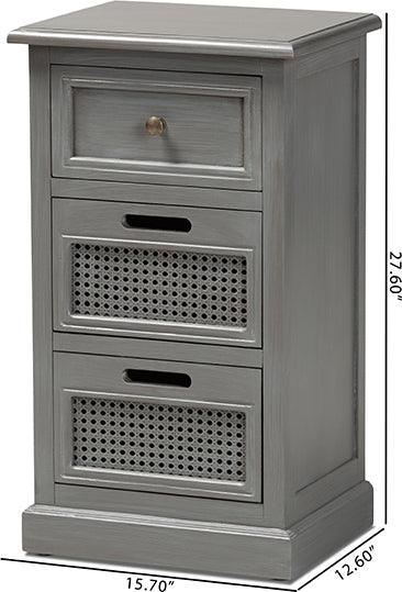 Wholesale Interiors Side & End Tables - Sheldon Vintage Grey Finished Wood and Synthetic Rattan 3-Drawer End Table