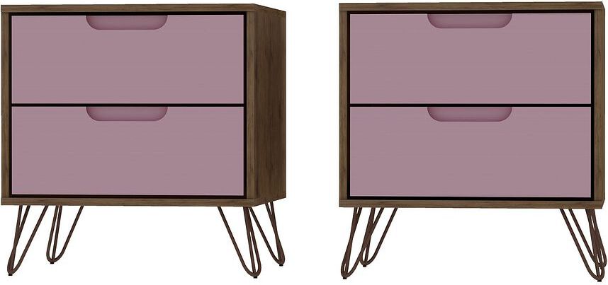 Manhattan Comfort Nightstands & Side Tables - Rockefeller 2-Drawer Nature and Rose Pink Nightstand (Set of 2)