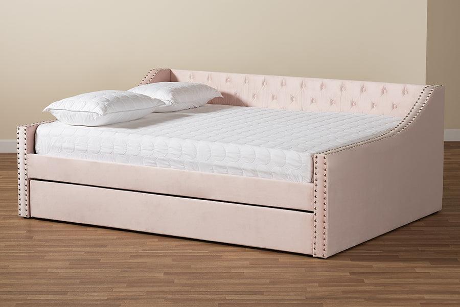 Wholesale Interiors Daybeds - Raphael Pink Velvet Fabric Upholstered Full Size Daybed with Trundle