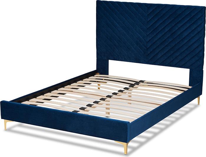 Wholesale Interiors Beds - Fabrico Glam and Luxe Navy Blue Velvet Fabric Upholstered and Gold Metal Full Size Platform Bed