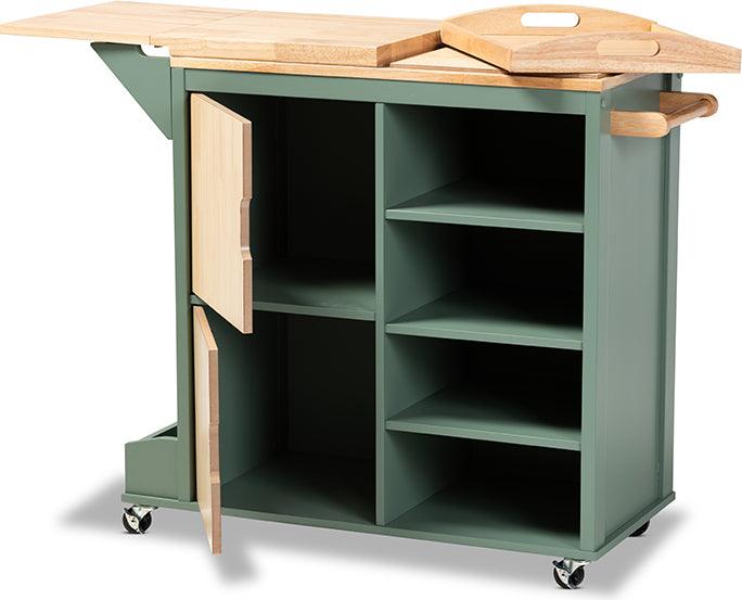 Wholesale Interiors Bar Units & Wine Cabinets - Dorthy Two-tone Dark Green & Natural Wood Kitchen Storage Cart