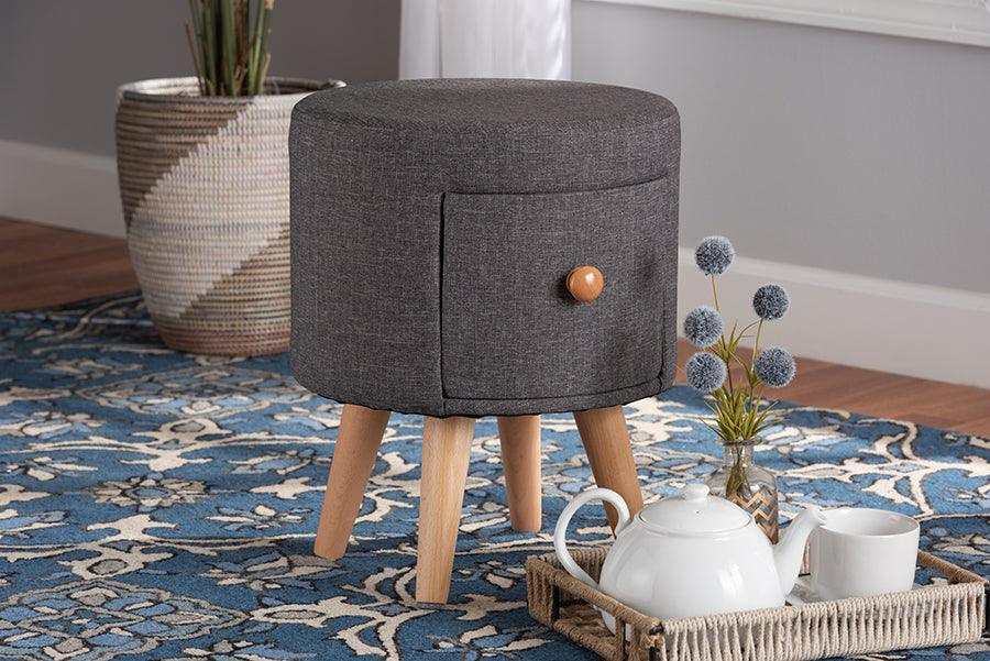 Wholesale Interiors Ottomans & Stools - Rocco Modern Transitional Dark Grey Fabric and Brown Wood 1-Drawer Ottoman Stool