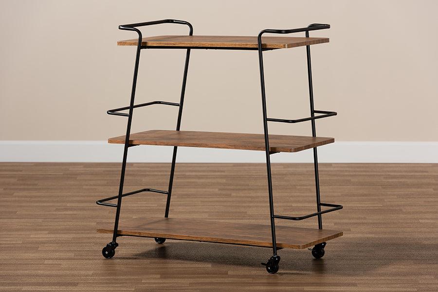 Wholesale Interiors Bar Units & Wine Cabinets - Bernard Rustic Industrial Black Metal and Walnut Finishe Wood 3-Tier Mobile Wine Bar Cart