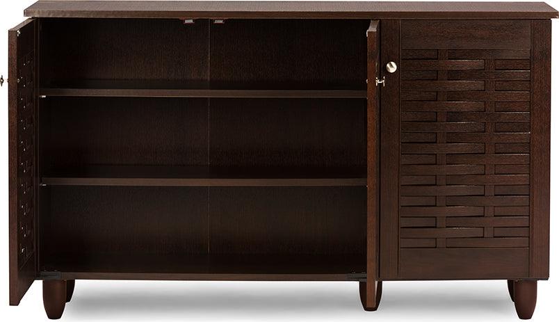 Wholesale Interiors Shoe Storage - Winda Modern and Contemporary 3-Door Dark Brown Wooden Entryway Shoes Storage Cabinet