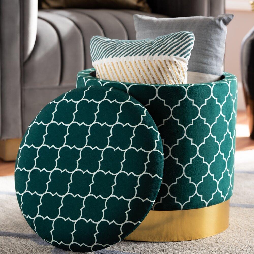 Wholesale Interiors Ottomans & Stools - Smirkie Upholstered Storage Ottoman Teal And Gold
