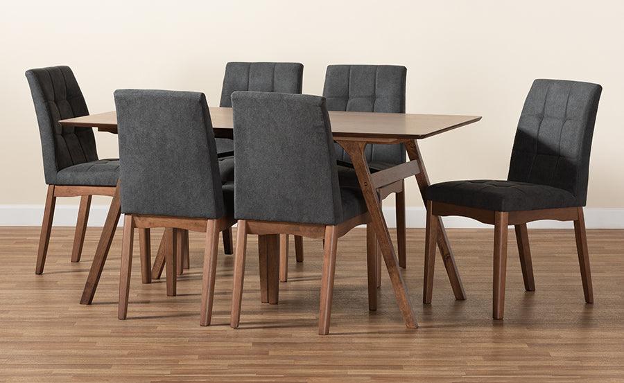 Wholesale Interiors Dining Sets - Tara Mid-Century Modern Dark Grey Fabric and Brown Wood 7-Piece Dining Set