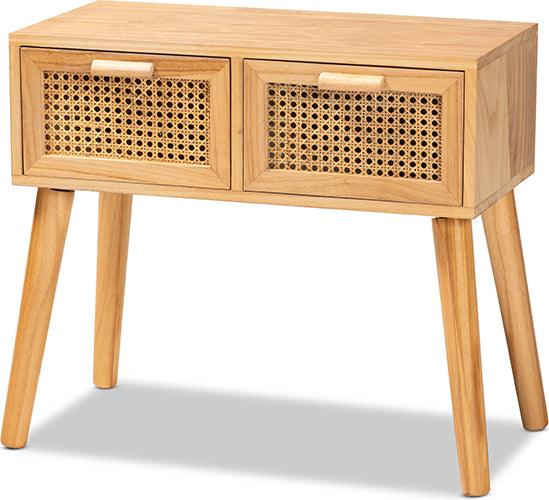 Wholesale Interiors Consoles - Falan Mid-Century Modern Oak Brown Finished Wood 2-Drawer Console Table with Rattan