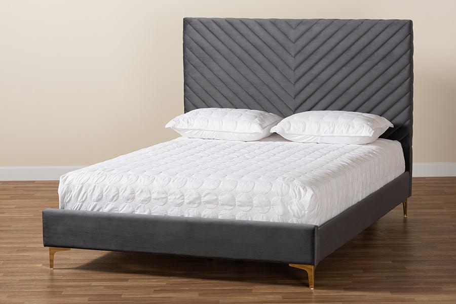 Wholesale Interiors Beds - Fabrico Glam and Luxe Grey Velvet Fabric Upholstered and Gold Metal King Size Platform Bed