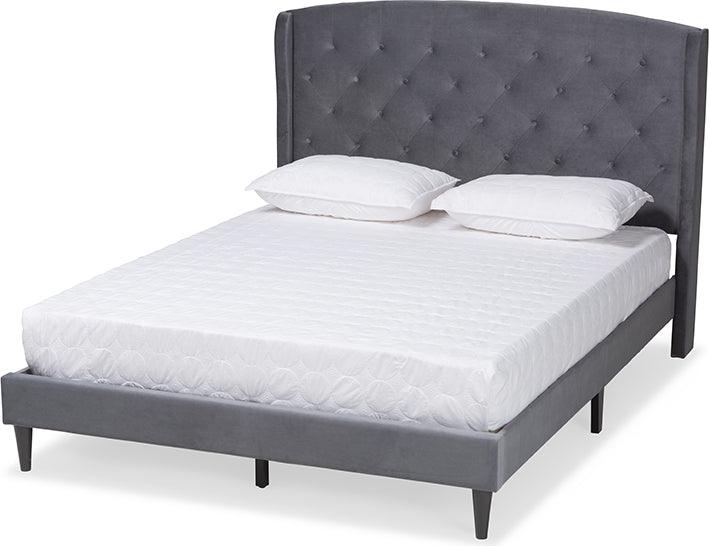 Wholesale Interiors Beds - Joanna Grey Velvet Fabric Upholstered and Dark Brown Finished Wood King Size Platform Bed