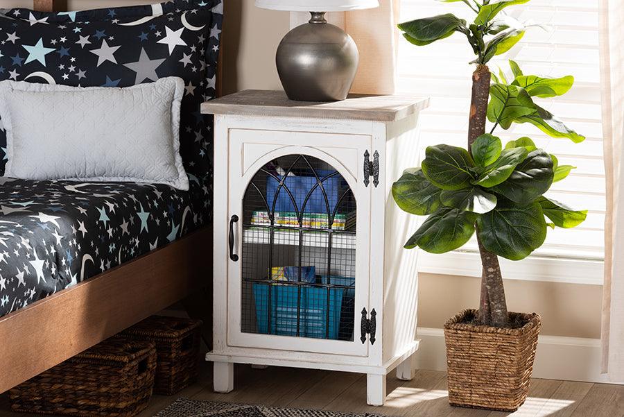 Wholesale Interiors Side & End Tables - Faron Farmhouse Two-Tone Distressed White and Oak Brown Finished Wood 1-Door End Table