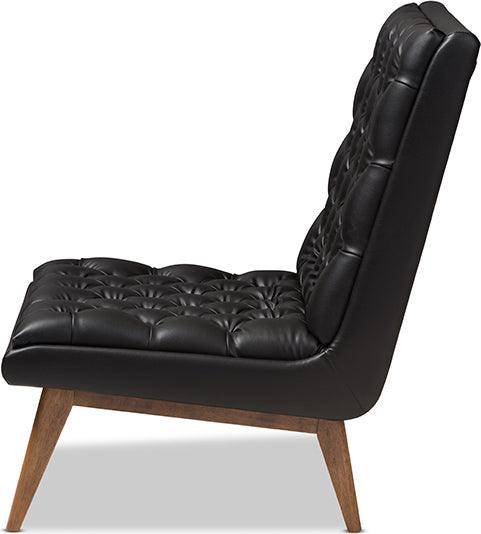 Wholesale Interiors Accent Chairs - Annetha Mid-Century Modern Black Faux Leather Walnut Wood Lounge Chair