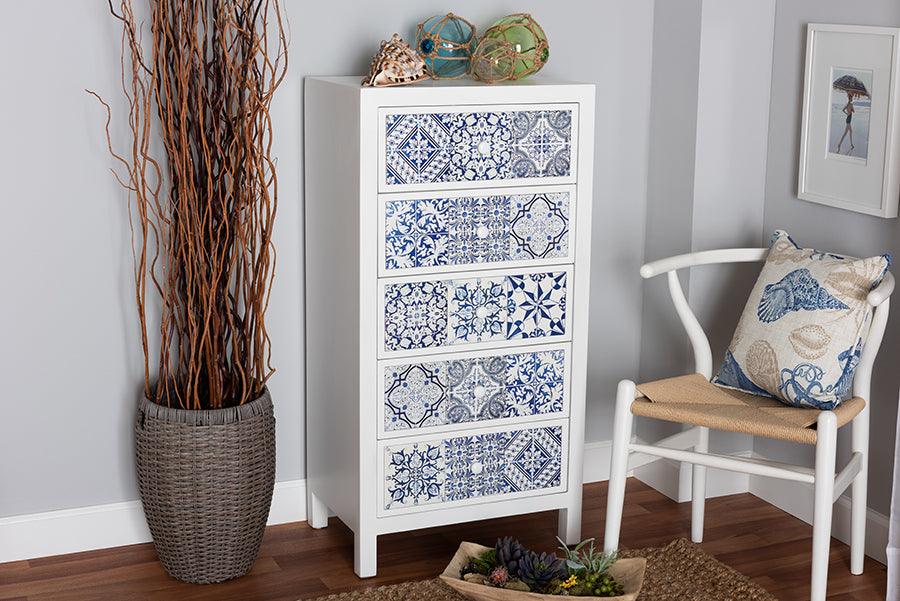 Wholesale Interiors Buffets & Cabinets - Alma Spanish Inspired White Wood and Blue Floral Tile Style 5-Drawer Accent Storage Cabinet