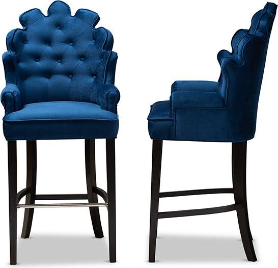 Wholesale Interiors Barstools - Chloe Navy Blue Velvet Upholstered and Dark Brown Finished Wood 2-Piece Bar Stool Set
