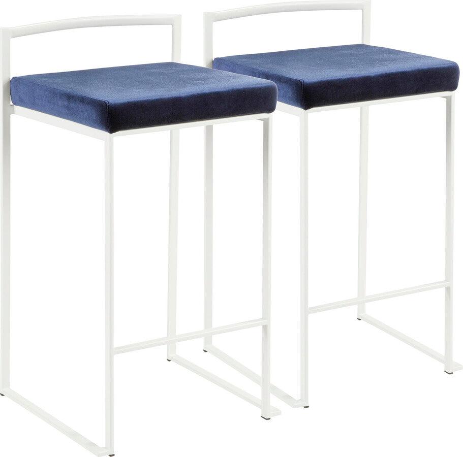 Lumisource Barstools - Fuji Contemporary Stackable Counter Stool in White with Blue Velvet Cushion - Set of 2