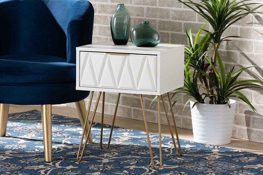 Wholesale Interiors Side & End Tables - Holbrook Contemporary Glam and Luxe White Finished Wood and Gold Metal 1-Drawer End Table