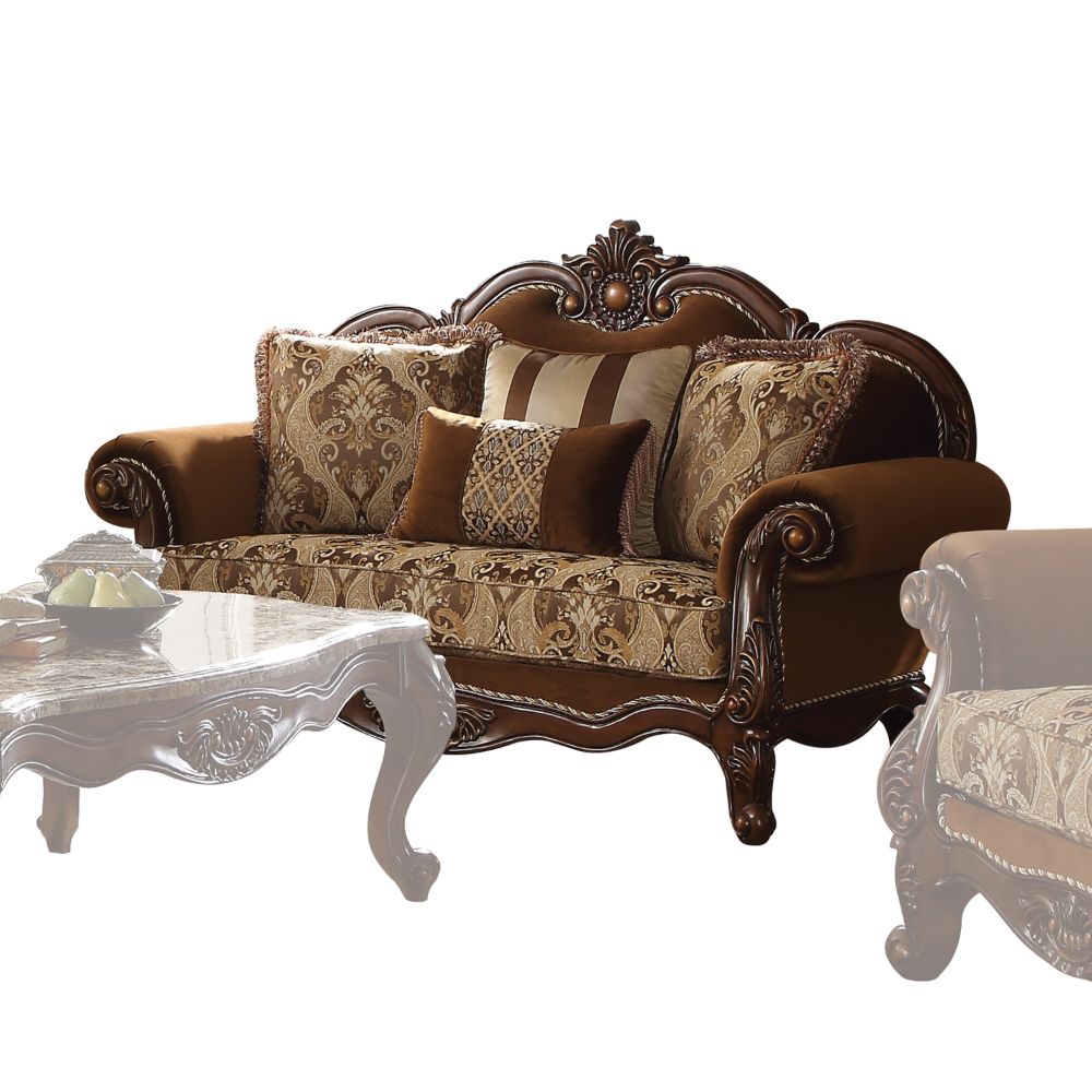 ACME Furniture Sofas & Couches - Jardena Loveseat w/4 Pillows, Fabric & Cherry Oak (50656)
