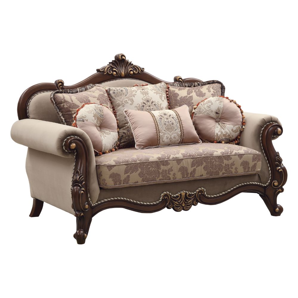 ACME Furniture Sofas & Couches - Mehadi Loveseat w/6 Pillows, Fabric & Walnut (50691)