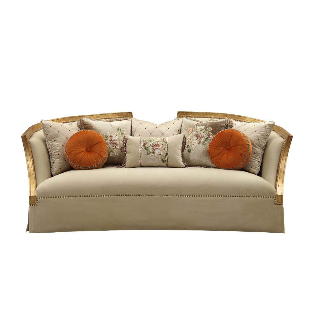 ACME Furniture Sofas & Couches - Daesha Sofa w/8 Pillows, Tan Flannel & Antique Gold (50835)