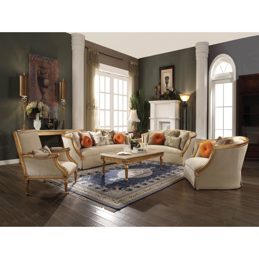 ACME Furniture Sofas & Couches - Daesha Sofa w/8 Pillows, Tan Flannel & Antique Gold (50835)