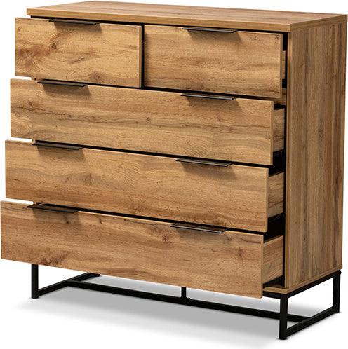 Wholesale Interiors Chest of Drawers - Franklin Oak Finished Wood and Black Finished Metal 5-Drawer Bedroom Chest
