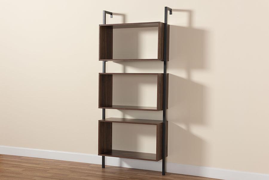 Wholesale Interiors Bookcases & Display Units - Aldis Modern Industrial Walnut Brown Wood and Black Metal 3-Tier Display Shelf