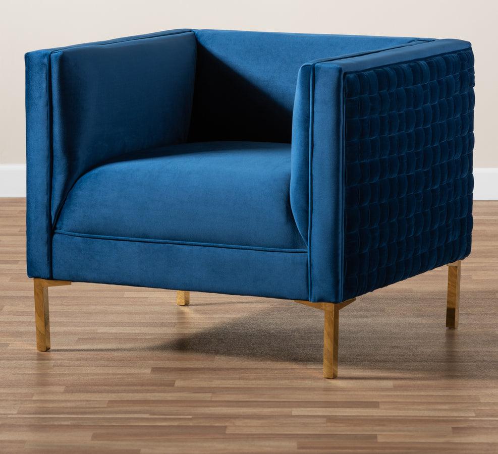 Wholesale Interiors Accent Chairs - Seraphin Glam and Luxe Navy Blue Velvet Fabric Upholstered Gold Finished Armchair