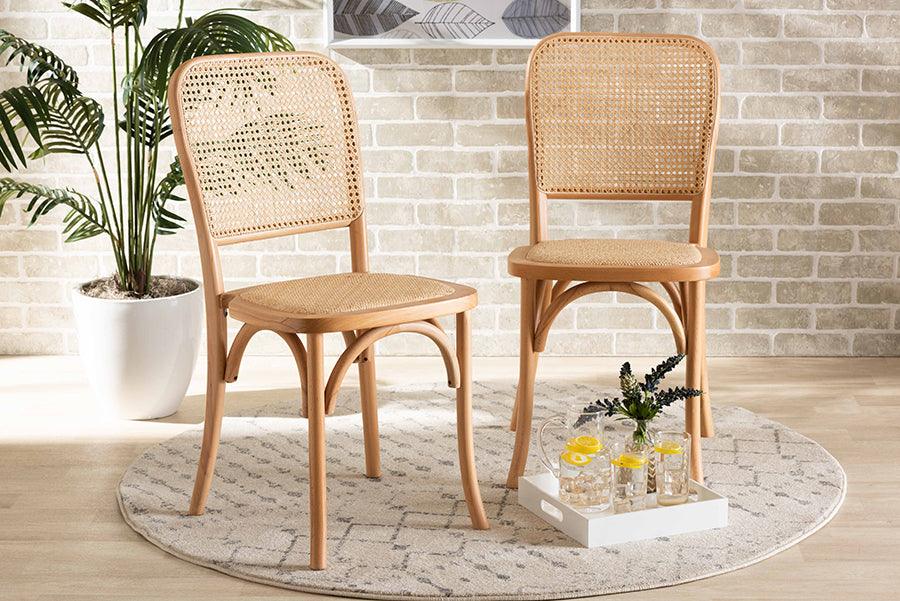 Wholesale Interiors Dining Chairs - Neah Mid-Century Modern Brown Woven Rattan and Wood 2-Piece Cane Dining Chair Set