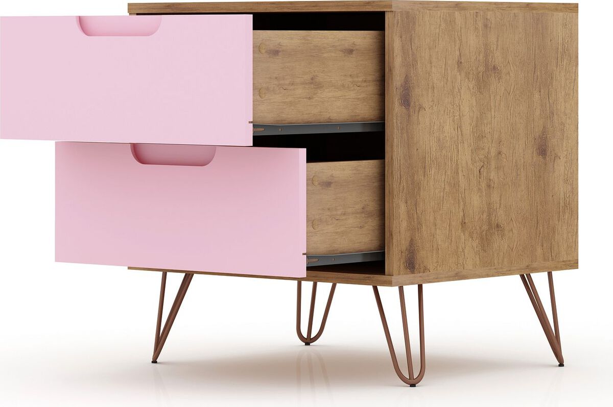 Manhattan Comfort Nightstands & Side Tables - Rockefeller 2.0 Mid-Century- Modern Nightstand with 2-Drawer in Nature and Rose Pink