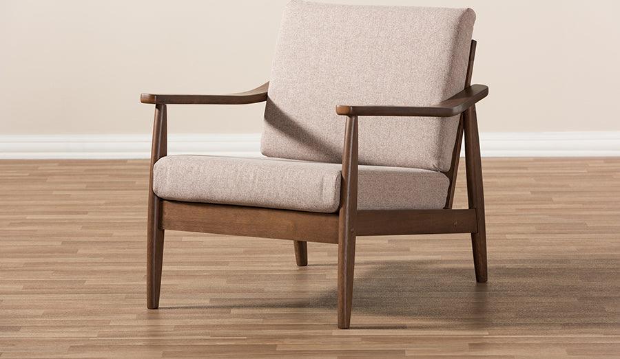 Wholesale Interiors Accent Chairs - Venza Mid-Century Modern Walnut Wood Light Brown Fabric Upholstered Lounge Chair