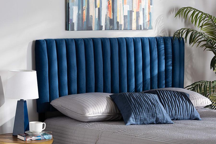 Wholesale Interiors Headboards - Emile Navy Blue Velvet Fabric Upholstered and Dark Brown Finished Wood Queen Size Headboard