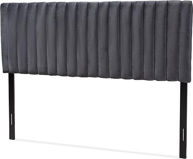 Wholesale Interiors Headboards - Emile Grey Velvet Fabric Upholstered and Dark Brown Finished Wood Queen Size Headboard