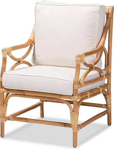 Wholesale Interiors Accent Chairs - Brandon Modern Bohemian White Fabric Upholstered and Natural Brown Rattan Armchair