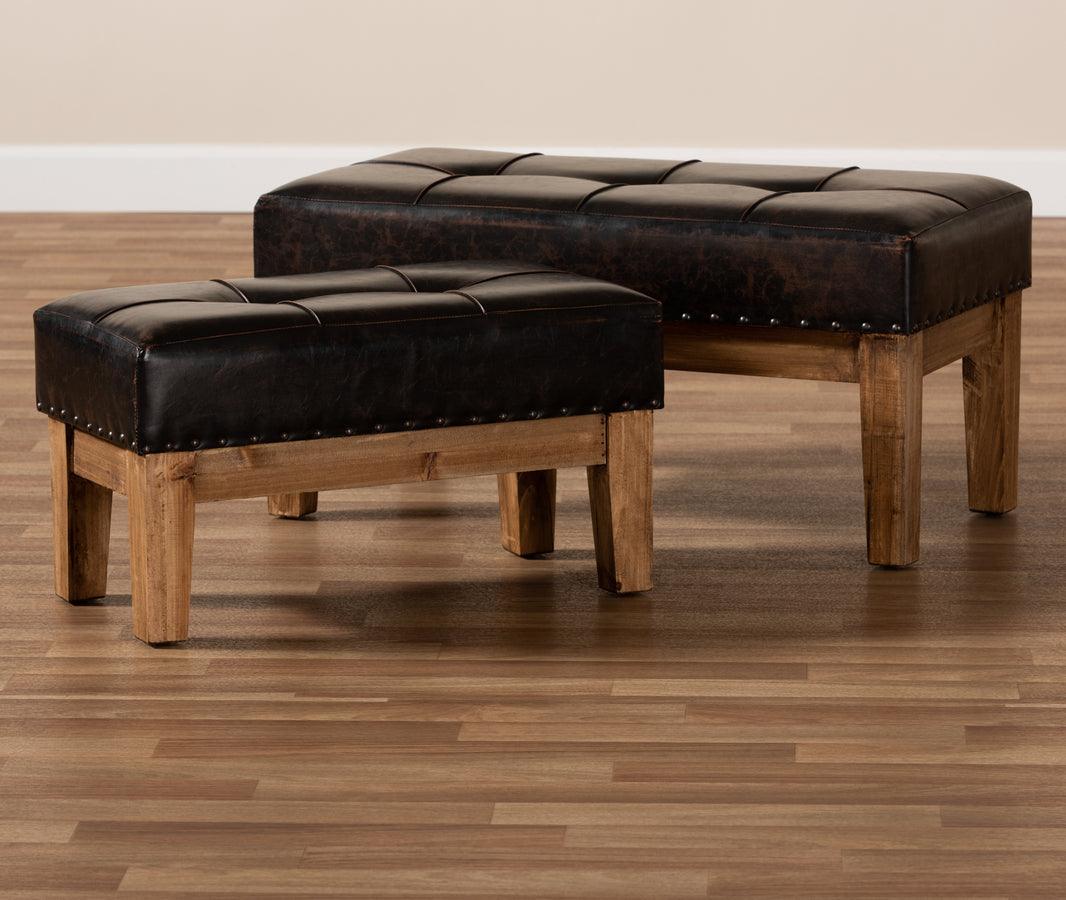 Wholesale Interiors Living Room Sets - Lenza Rustic Dark Brown Faux Leather Upholstered 2-Piece Wood Ottoman Set