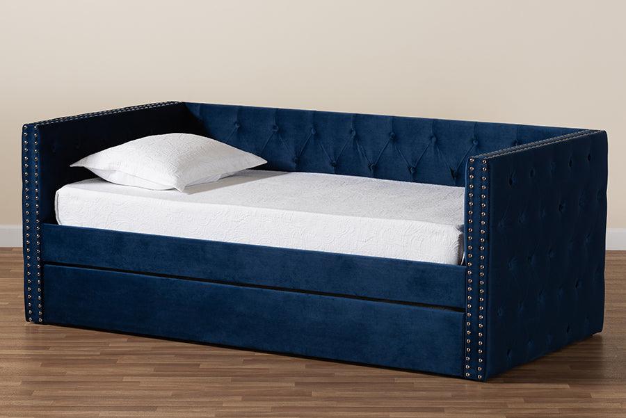 Wholesale Interiors Daybeds - Larkin Navy Blue Velvet Fabric Upholstered Twin Size Daybed with Trundle