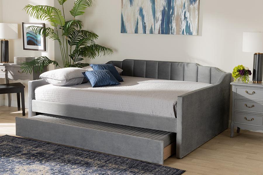 Wholesale Interiors Daybeds - Lennon Grey Velvet Fabric Upholstered Queen Size Daybed with Trundle