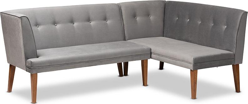 Wholesale Interiors Dining Sets - Stewart Grey Velvet Upholstered and Walnut Brown Finished Wood 2-Piece Dining Nook Banquette Set