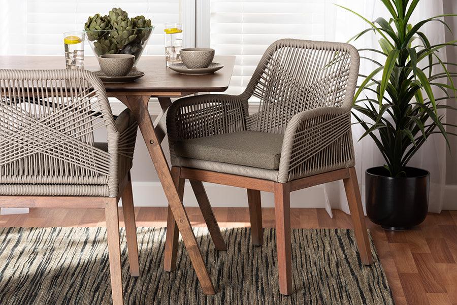 Wholesale Interiors Dining Chairs - Jennifer Mid-Century Grey Woven Rope Mahogany Dining Arm Chair