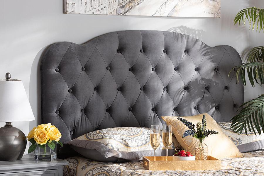 Wholesale Interiors Headboards - Clovis Modern and Contemporary Grey Velvet Fabric Upholstered Full Size Headboard