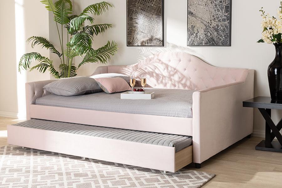 Wholesale Interiors Daybeds - Perry Light Pink Velvet & Button Tufted Queen Size Daybed with Trundle