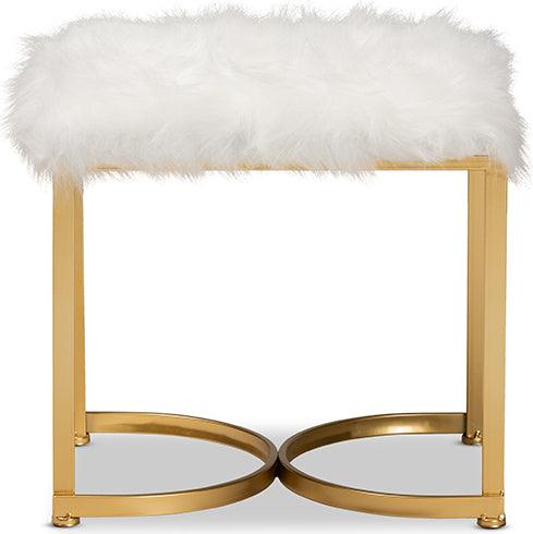 Wholesale Interiors Ottomans & Stools - Gwyn Glam and Luxe White Faux Fur Upholstered and Gold Finished Metal Ottoman