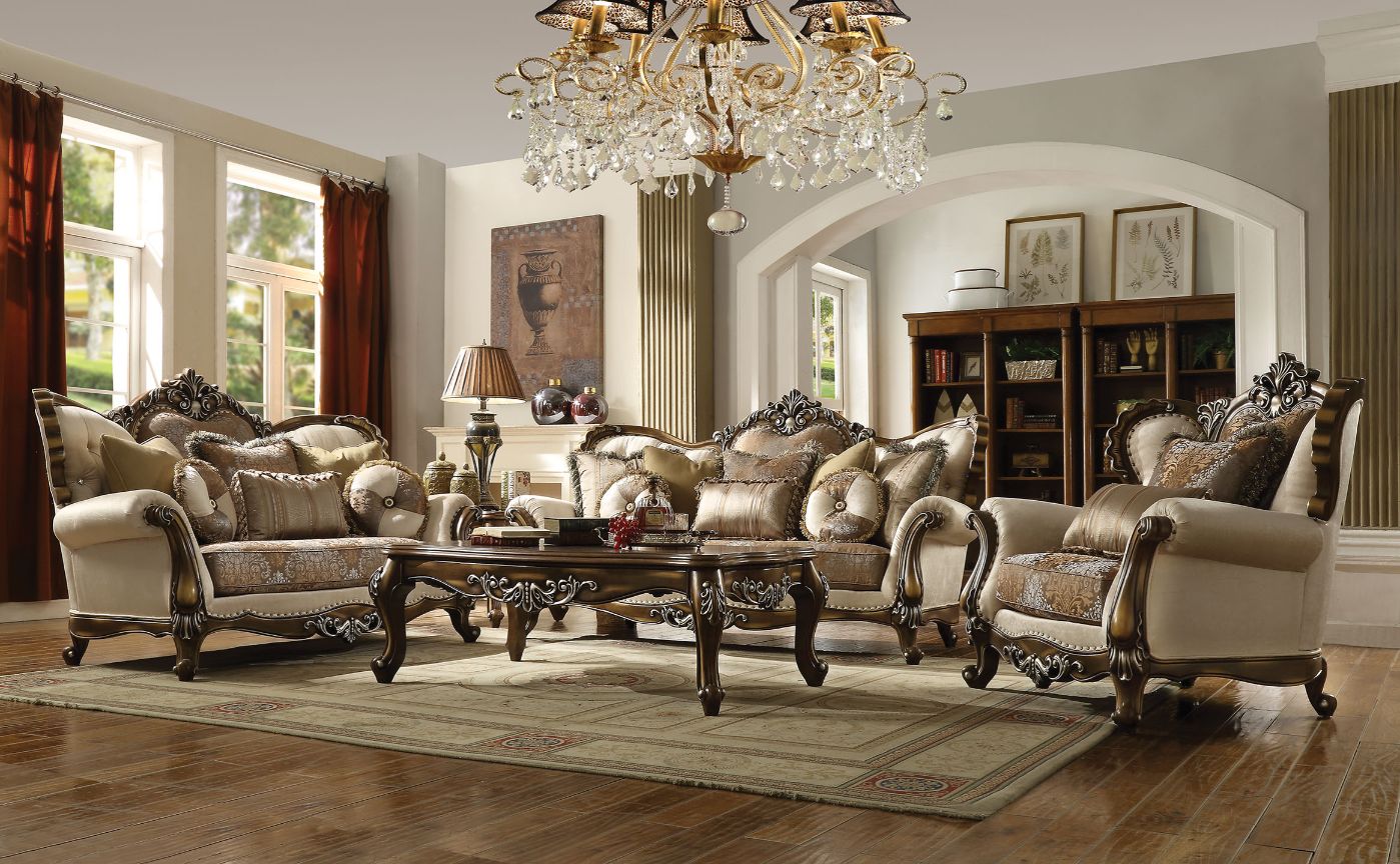 The Fulfiller Sofas & Couches - Latisha Sofa w/6 Pillows, Tan, Pattern Fabric & Antique Oak (52115)