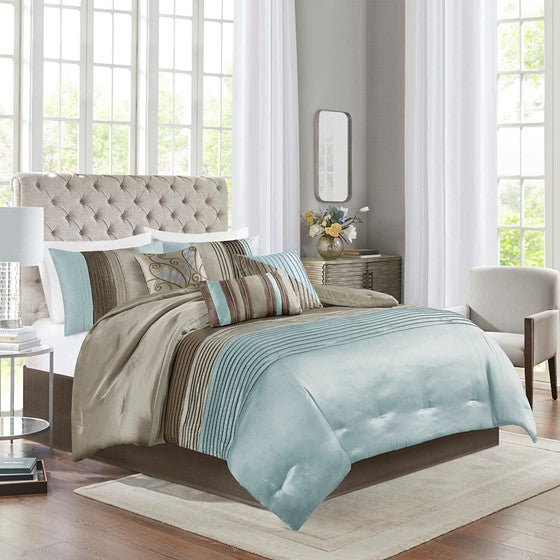 Olliix.com Comforters & Blankets - 7 Piece Comforter Set Blue Queen