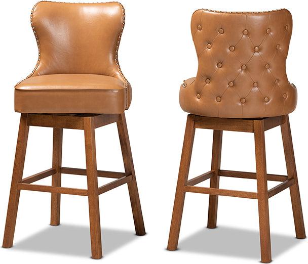 Wholesale Interiors Barstools - Gradisca Tan Faux Leather Upholstered and Walnut Brown Finished Wood 2-Piece Swivel Bar Stool Set
