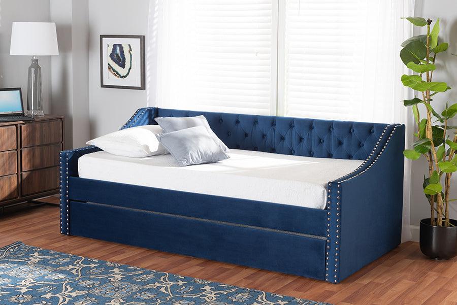 Wholesale Interiors Daybeds - Raphael Navy Blue Velvet Fabric Upholstered Twin Size Daybed with Trundle